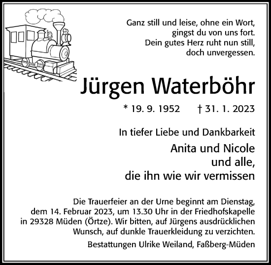 Traueranzeige von Jürgen Waterböhr von Cellesche Zeitung