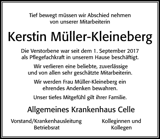 Traueranzeige von Kerstin Müller-Kleineberg von Cellesche Zeitung