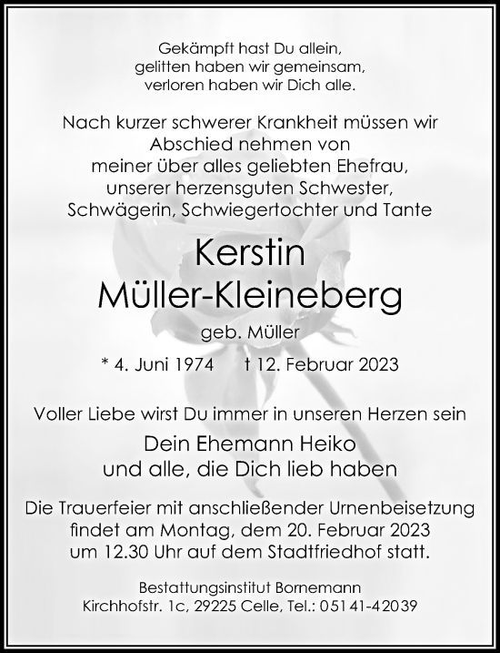 Traueranzeige von Kerstin Müller-Kleineberg von Cellesche Zeitung