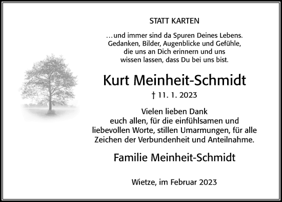Traueranzeige von Kurt Meinheit-Schmidt von Cellesche Zeitung