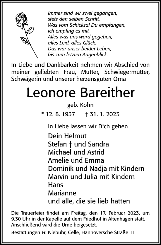 Traueranzeige von Leonore Bareither von Cellesche Zeitung