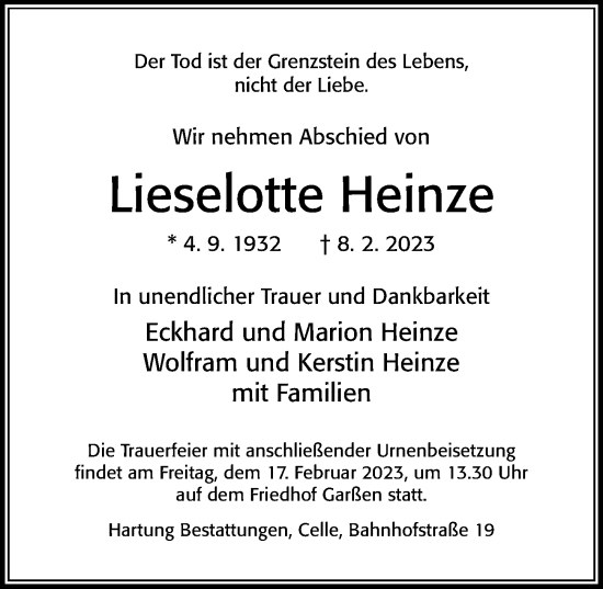 Traueranzeige von Lieselotte Heinze von Cellesche Zeitung