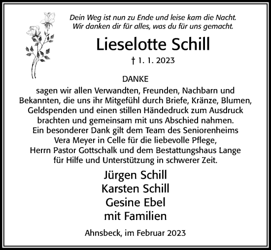 Traueranzeige von Lieselotte Schill von Cellesche Zeitung