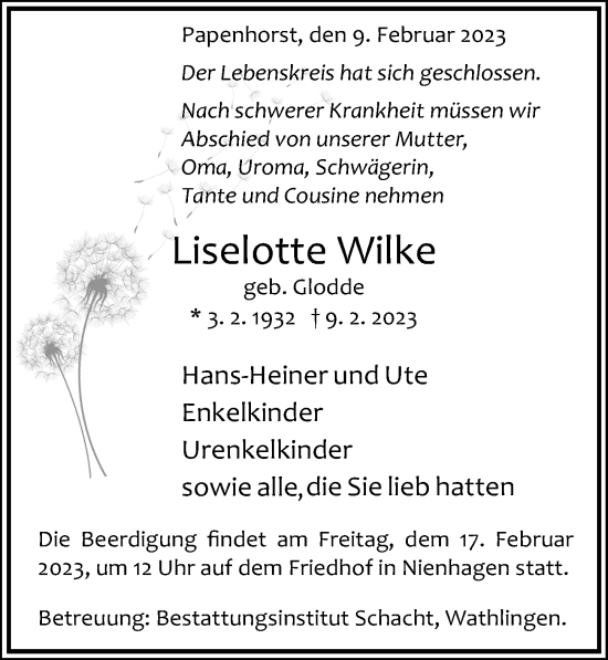 Traueranzeige von Liselotte Wilke von Cellesche Zeitung