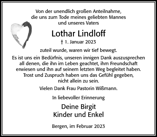 Traueranzeige von Lothar Lindloff von Cellesche Zeitung