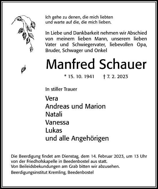 Traueranzeige von Manfred Schauer von Cellesche Zeitung