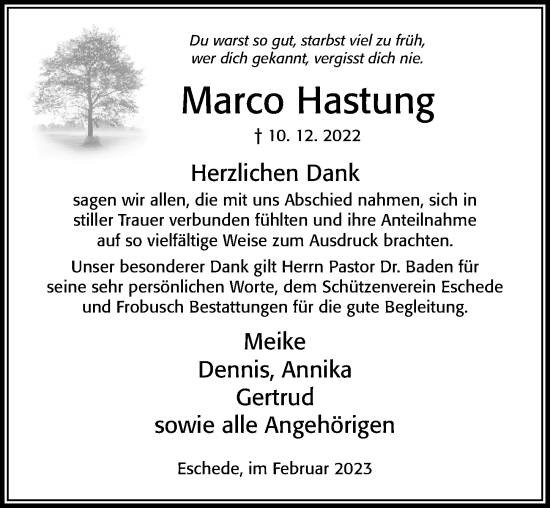 Traueranzeige von Marco Hastung von Cellesche Zeitung