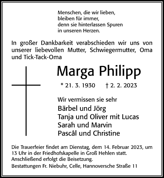 Traueranzeige von Marga Philipp von Cellesche Zeitung