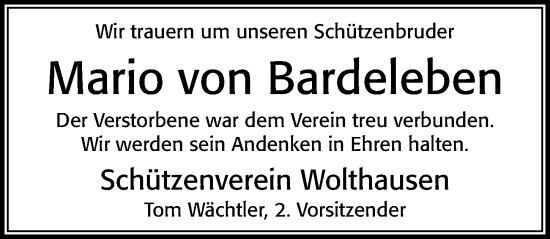 Traueranzeige von Mario von Bardeleben von Cellesche Zeitung