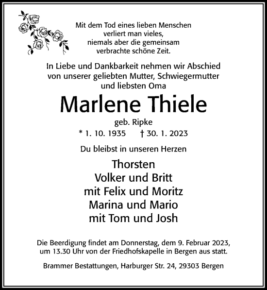 Traueranzeige von Marlene Thiele von Cellesche Zeitung