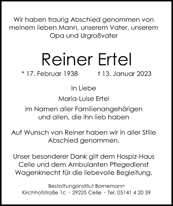 Traueranzeige von Reiner Ertel von Cellesche Zeitung