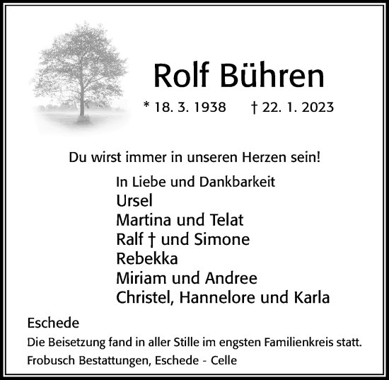 Traueranzeige von Rolf Bühren von Cellesche Zeitung