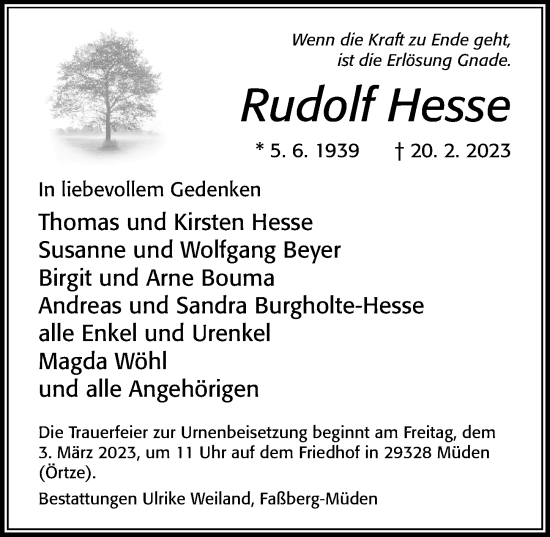 Traueranzeige von Rudolf Hesse von Cellesche Zeitung