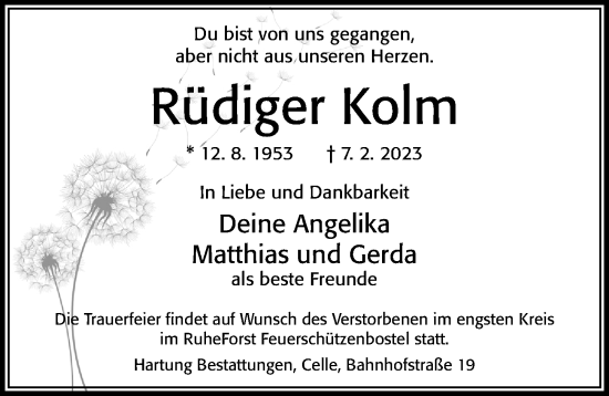 Traueranzeige von Rüdiger Kolm von Cellesche Zeitung