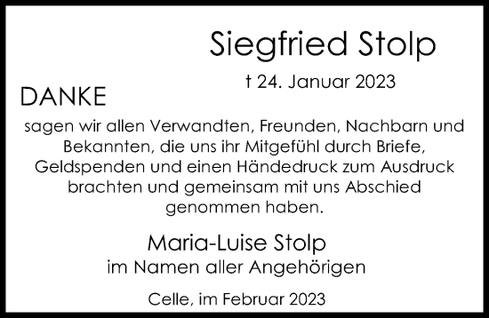Traueranzeige von Siegfried Stolp von Cellesche Zeitung
