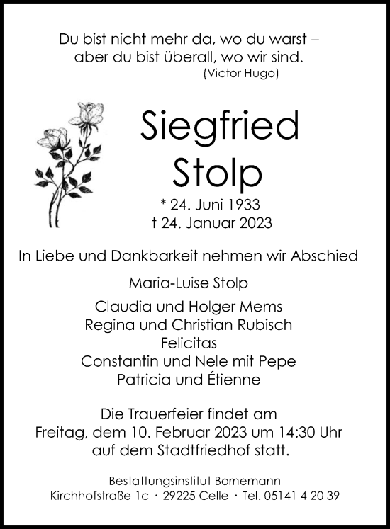 Traueranzeige von Siegfried Stolp von Cellesche Zeitung
