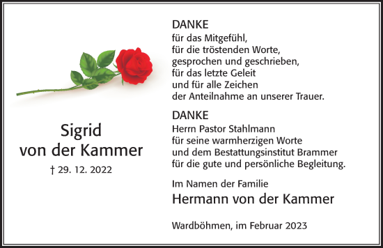 Traueranzeige von Sigrid von der Kammer von Cellesche Zeitung