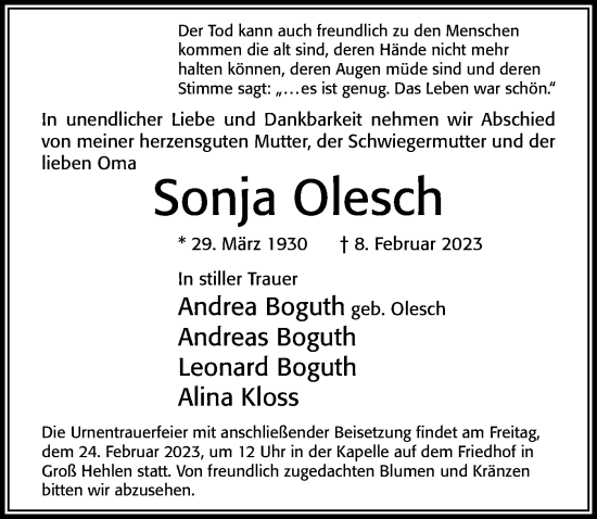 Traueranzeige von Sonja Olesch von Cellesche Zeitung