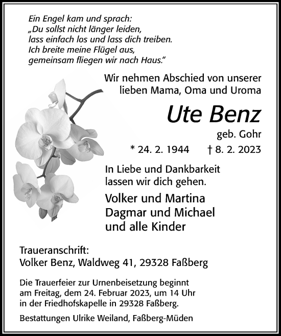 Traueranzeige von Ute Benz von Cellesche Zeitung