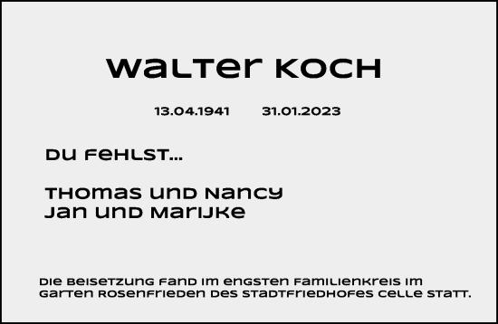Traueranzeige von Walter Koch von Cellesche Zeitung