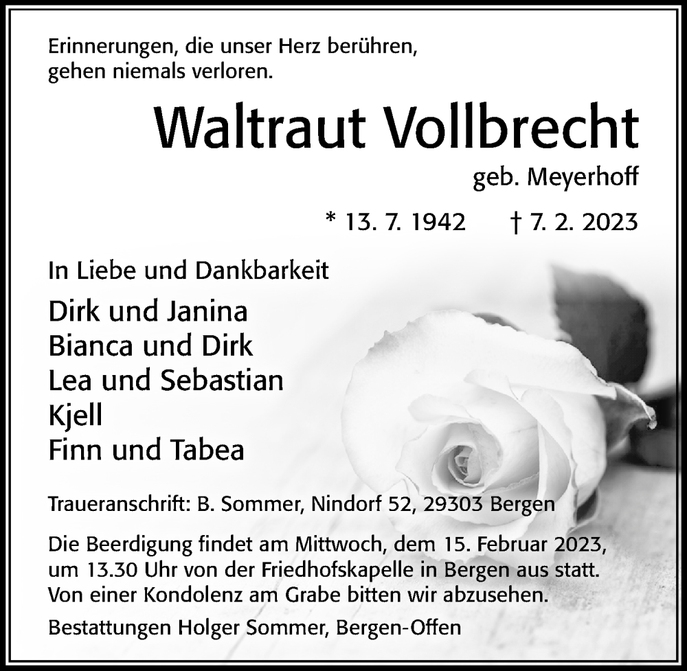 Traueranzeigen Von Waltraut Vollbrecht | Trauerportal Der Celleschen ...