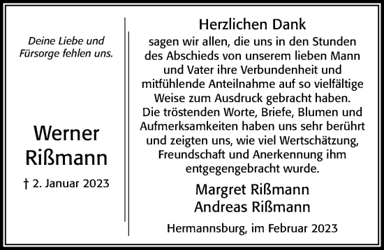 Traueranzeige von Werner Rißmann von Cellesche Zeitung