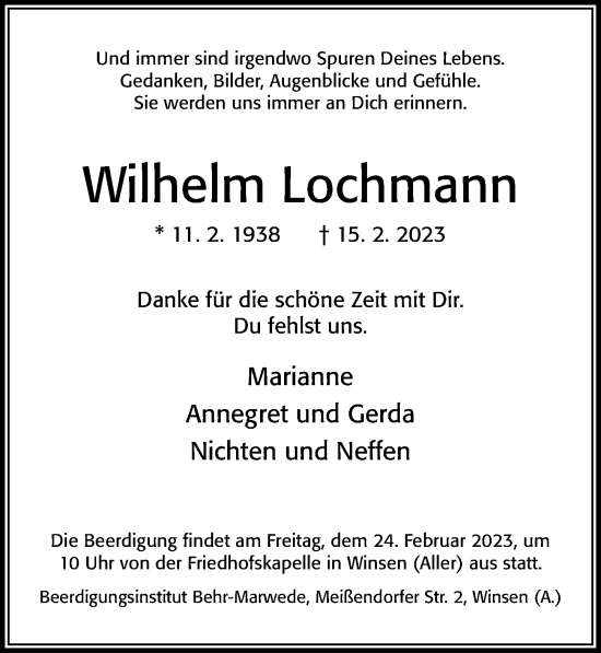 Traueranzeige von Wilhelm Lochmann von Cellesche Zeitung