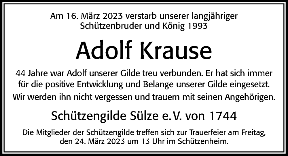  Traueranzeige für Adolf Krause vom 21.03.2023 aus Cellesche Zeitung