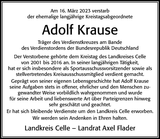 Traueranzeige von Adolf Krause von Cellesche Zeitung