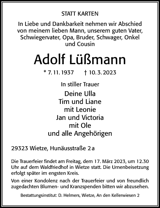 Traueranzeige von Adolf Lüßmann von Cellesche Zeitung