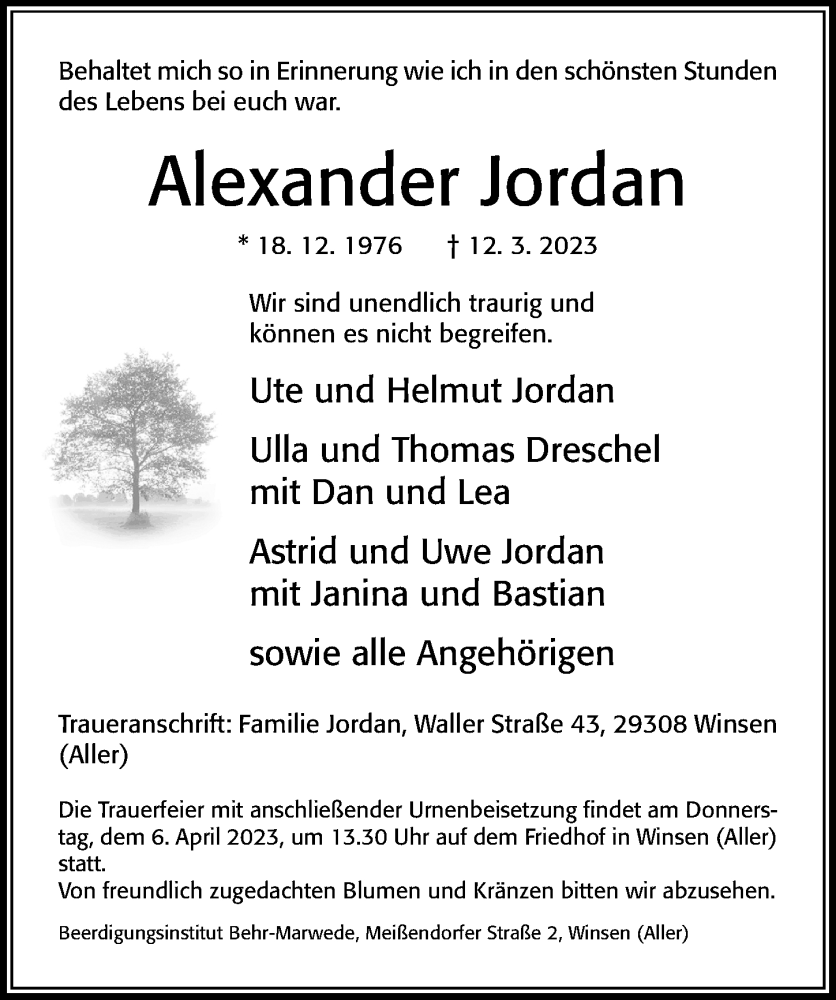  Traueranzeige für Alexander Jordan vom 25.03.2023 aus Cellesche Zeitung