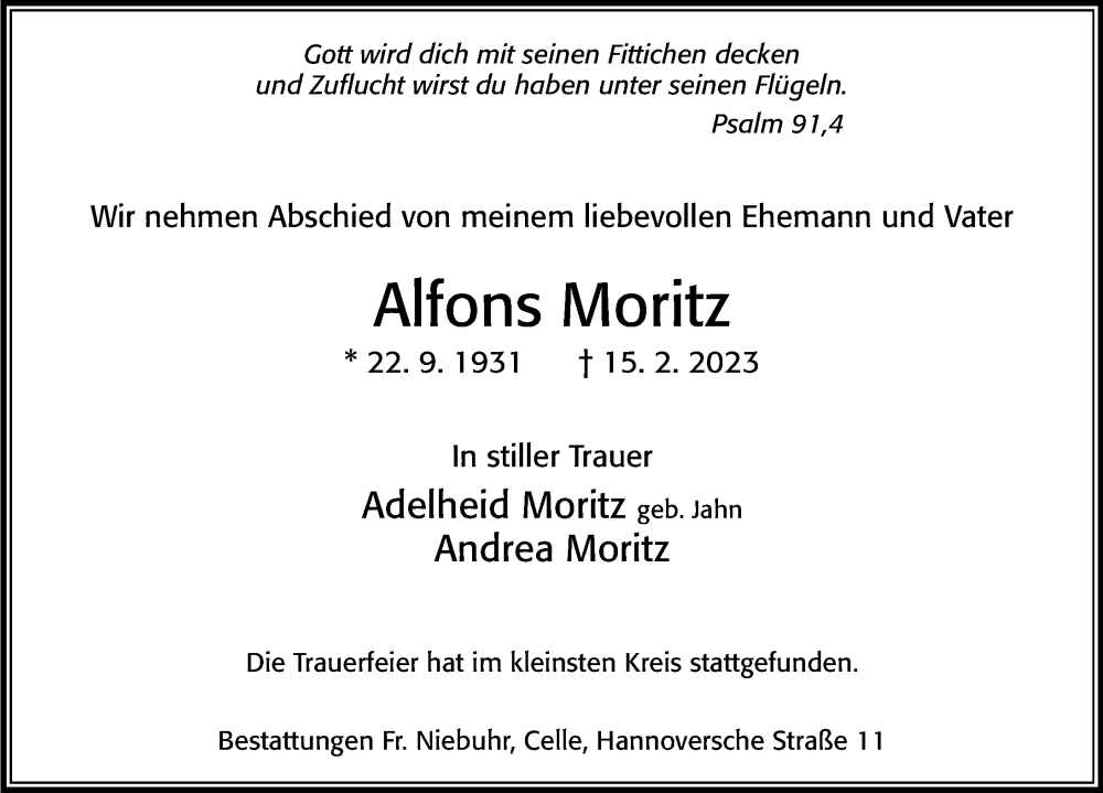  Traueranzeige für Alfons Moritz vom 18.03.2023 aus Cellesche Zeitung