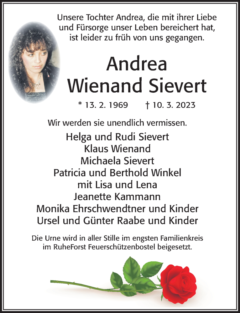  Traueranzeige für Andrea Wienand Sievert vom 18.03.2023 aus Cellesche Zeitung