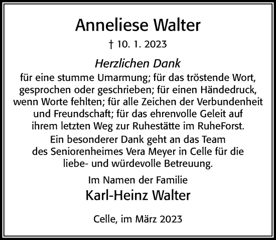 Traueranzeige von Anneliese Walter von Cellesche Zeitung