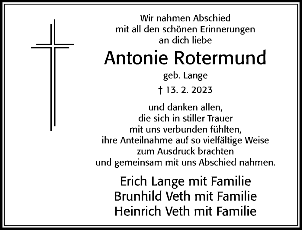  Traueranzeige für Antonie Rotermund vom 24.03.2023 aus Cellesche Zeitung