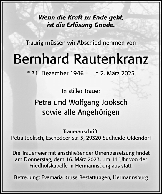 Traueranzeige von Bernhard Rautenkranz von Cellesche Zeitung