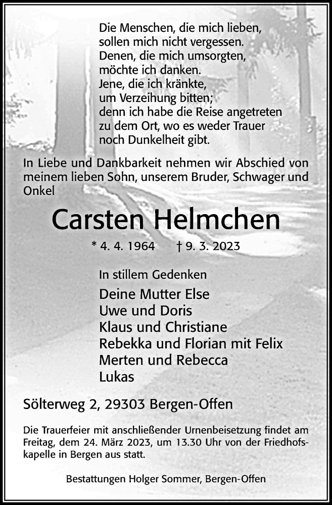  Traueranzeige für Carsten Helmchen vom 18.03.2023 aus Cellesche Zeitung