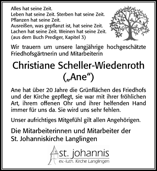 Traueranzeige von Christiane Scheller-Wiedenroth von Cellesche Zeitung