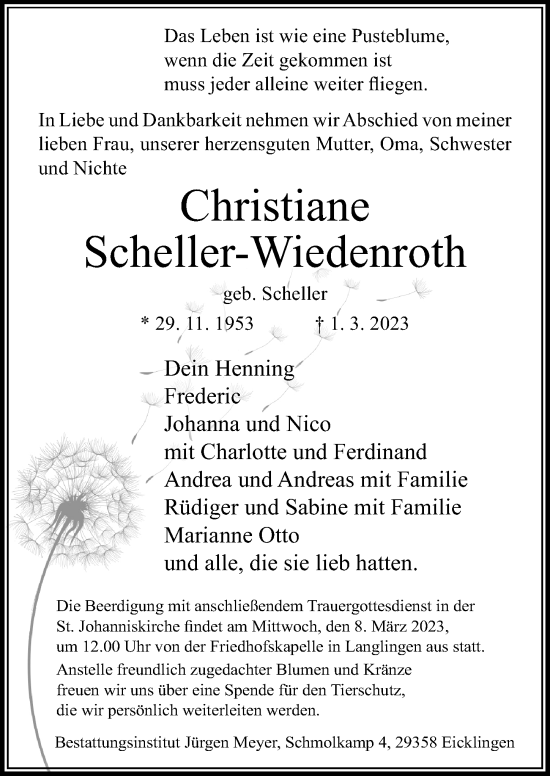 Traueranzeige von Christiane Scheller-Wiedenroth von Cellesche Zeitung