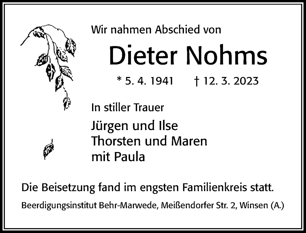  Traueranzeige für Dieter Nohms vom 22.03.2023 aus Cellesche Zeitung