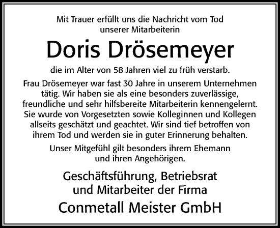 Traueranzeige von Doris Drösemeyer von Cellesche Zeitung