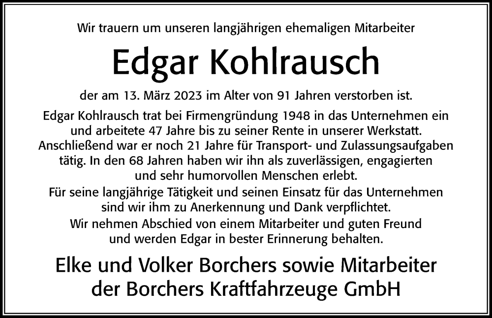  Traueranzeige für Edgar Kohlrausch vom 18.03.2023 aus Cellesche Zeitung
