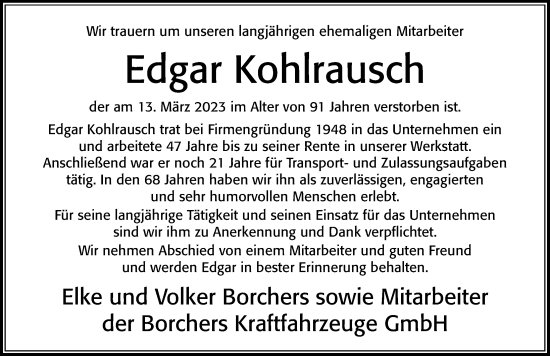 Traueranzeige von Edgar Kohlrausch von Cellesche Zeitung