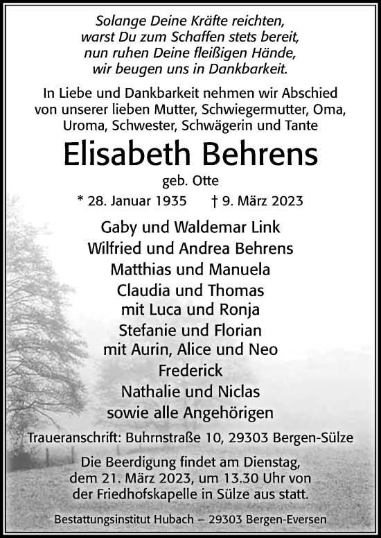 Traueranzeige von Elisabeth Behrens von Cellesche Zeitung