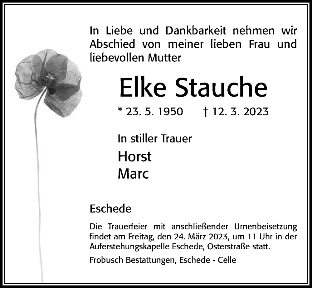  Traueranzeige für Elke Stauche vom 18.03.2023 aus Cellesche Zeitung