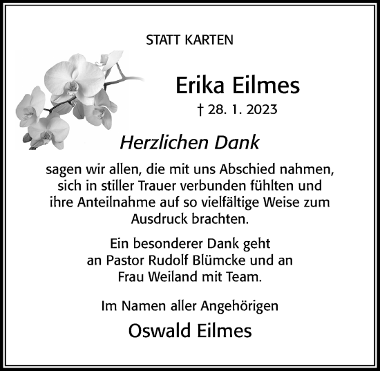 Traueranzeige von Erika Eilmes von Cellesche Zeitung