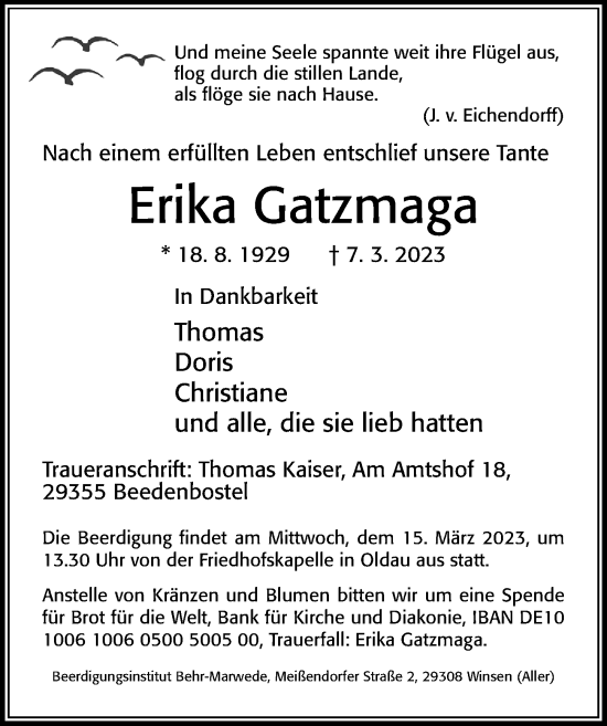 Traueranzeige von Erika Gatzmaga von Cellesche Zeitung