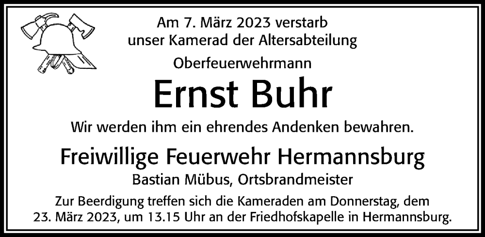  Traueranzeige für Ernst Buhr vom 18.03.2023 aus Cellesche Zeitung