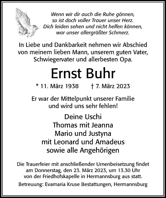 Traueranzeige von Ernst Buhr von Cellesche Zeitung