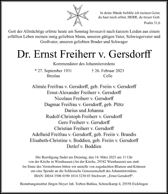 Traueranzeige von Ernst Freiherr v. Gersdorff von Cellesche Zeitung